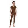 Kids Ballet Bodysuit V Neck Short Sleeve Ruched Front Leotard with Back Invisible Zipper for Gymnastics Figure Skating Performance