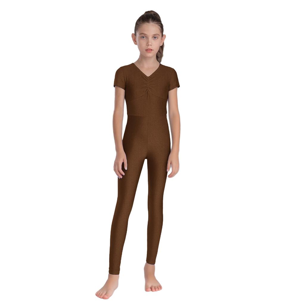 Kids Ballet Bodysuit V Neck Short Sleeve Ruched Front Leotard with Back Invisible Zipper for Gymnastics Figure Skating Performance