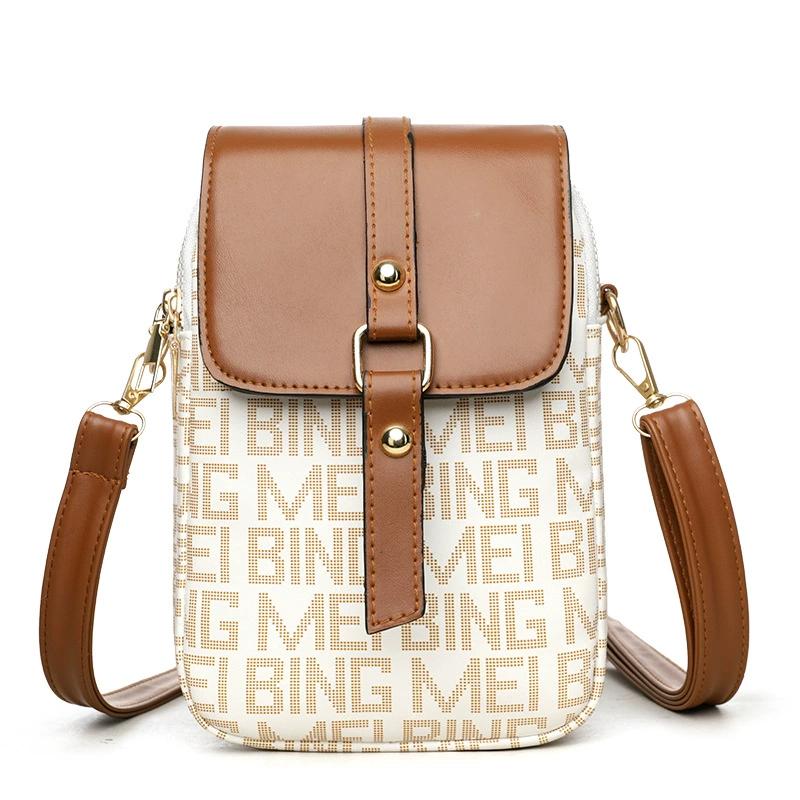 Women’s Crossbody Phone Bag, PU Leather Small Shoulder Purse with Flap & Zipper, Vintage Letter Print Mini Bag