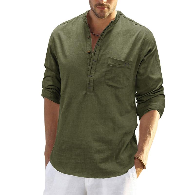

Spring Men s Linen Solid Color Patch Pocket Long Sleeved Shirt Men s Casual Top 2XL армія зелений колір