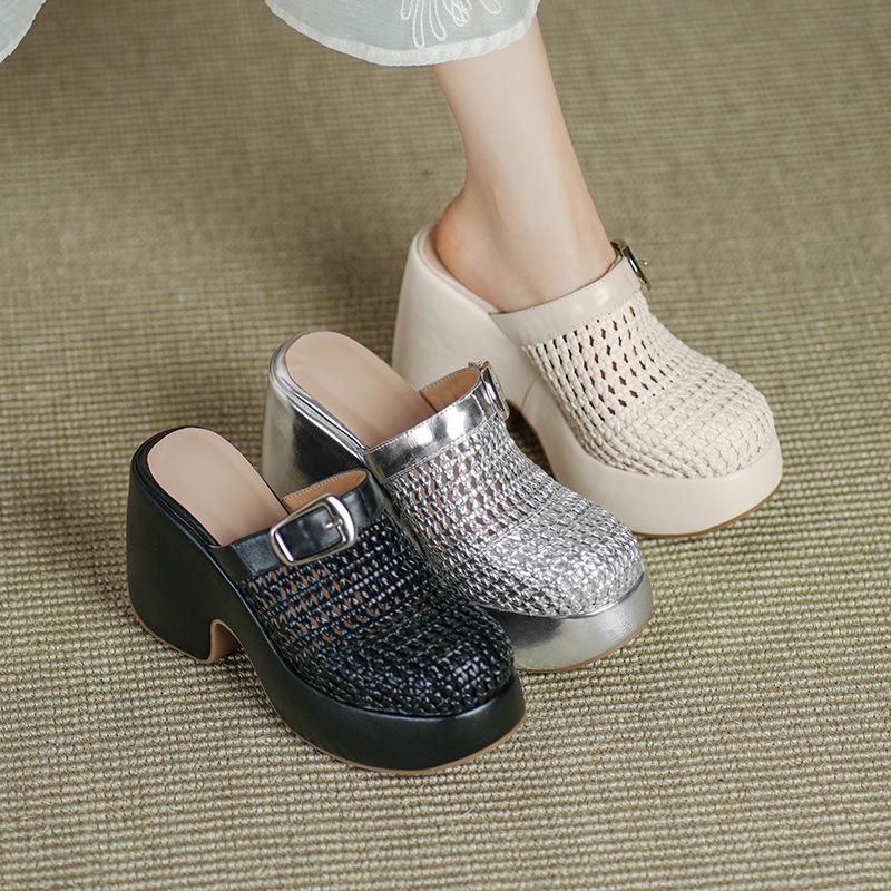 10.5CM Ultra-high Heel Thick Bottom Hollow Bag Head Slippers Summer New Round Head Thick Heel One Pedal Casual High Heel Drag