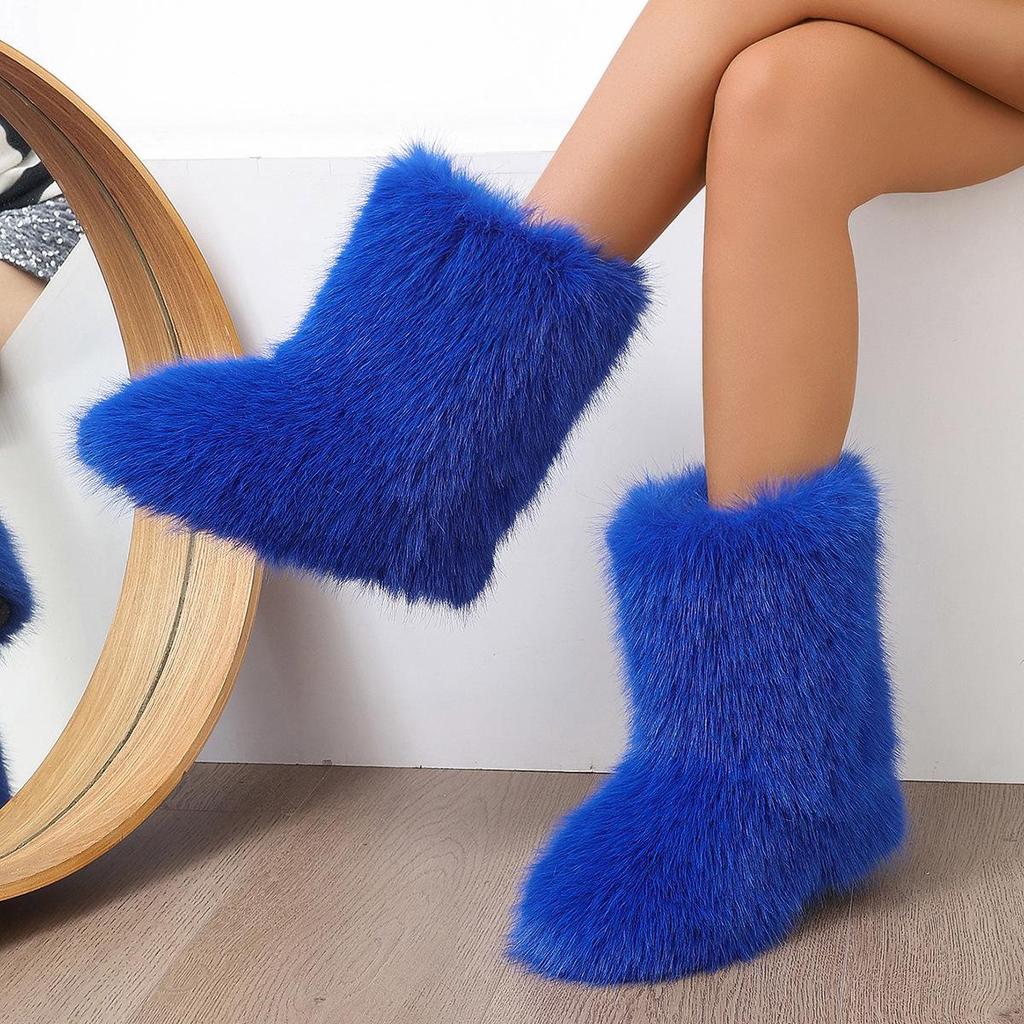 Europeiska Y2K Dam Mid-Calf Pälssnöskor - Varma, Moderiktiga, Plattbottnade Vinterstövlar