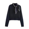 2024 Winter Retro Sweet Style Women's Bow Tie Long Sleeve Short Sweater Top