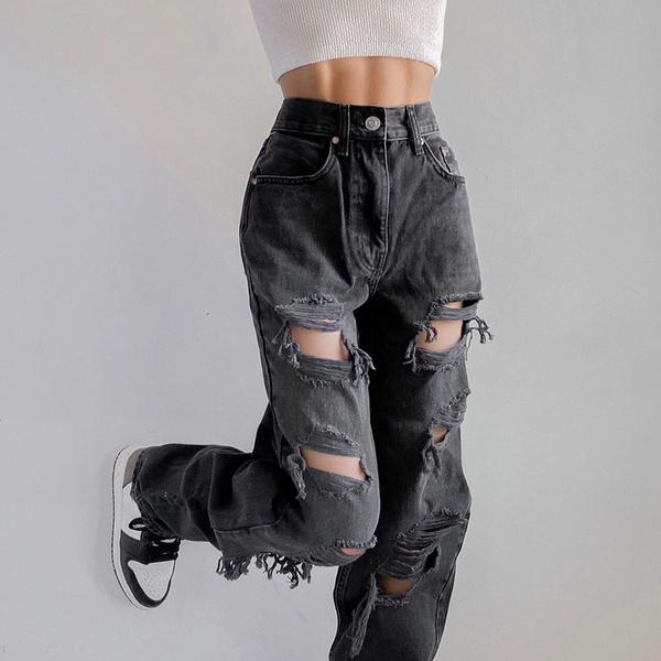 Kadın Rahat Denim Kot Yüksek Bel Yırtık Delik Düz Gevşek Kot Pantolon Bayanlar Rahat Baggy Jean