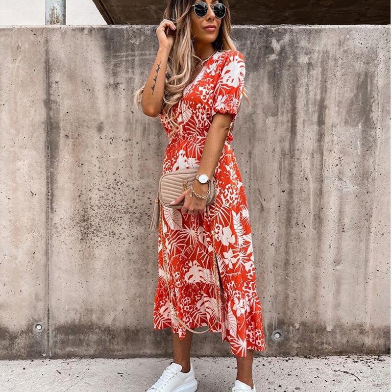 Women Summer Holiday Casual Floral Printed Short Sleeve V Neck Split Long Dress