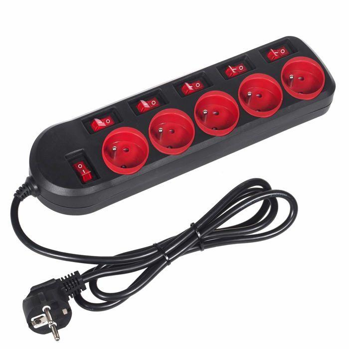 Bloc multiprises - Maclean Energy - 5 prises - Interrupteur lumineux - 1.5m - Noir/Rouge