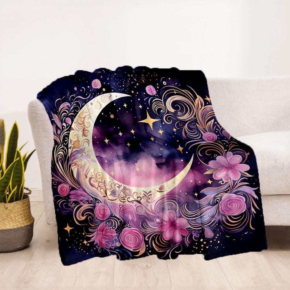"Enchanted Celestial Crescent Moon Wall Art Print"Blanket Flannel Throw Blanket for Sofa, Bed, Travel, Camping, Office