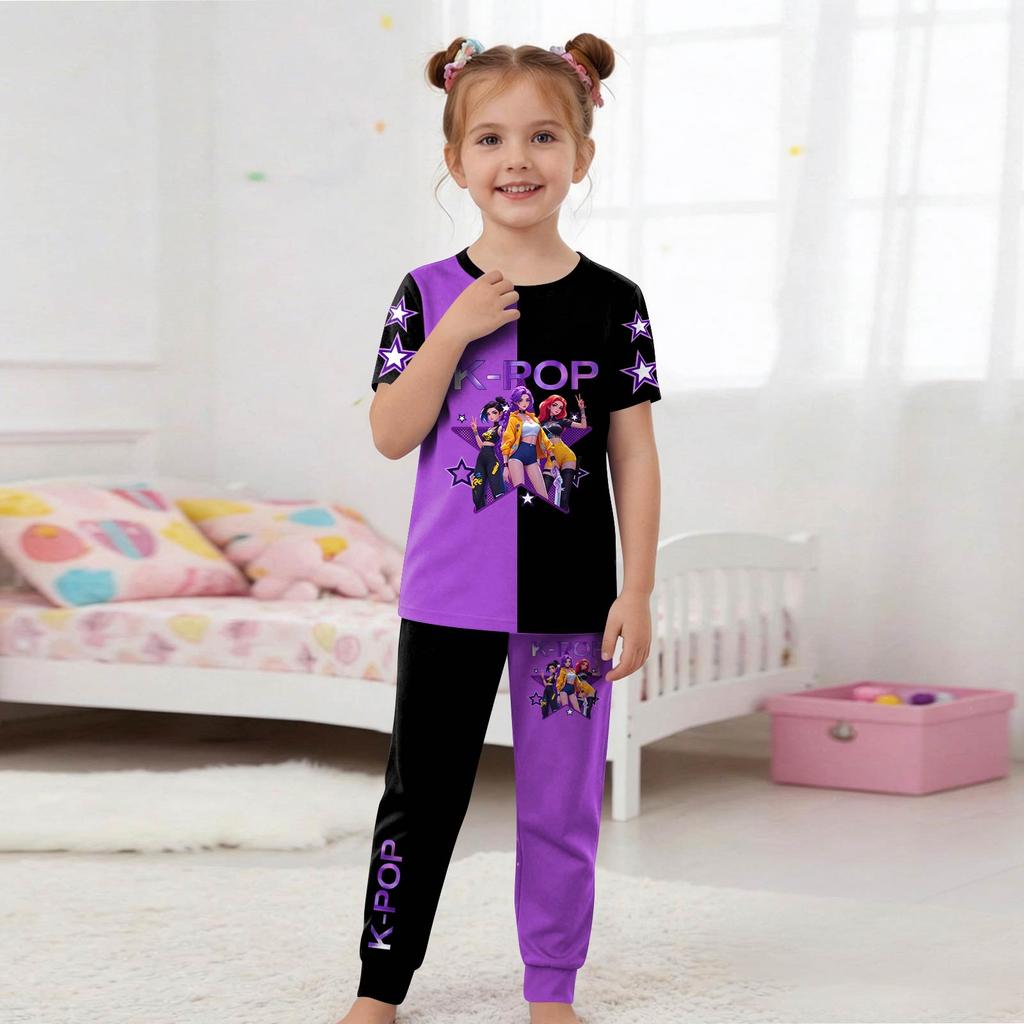 Kids Fashion Outfit Set Round Neck Short Sleeve Top and Pants Printed Design Comfortable Fit Suitable for Daily Wear and Playtime