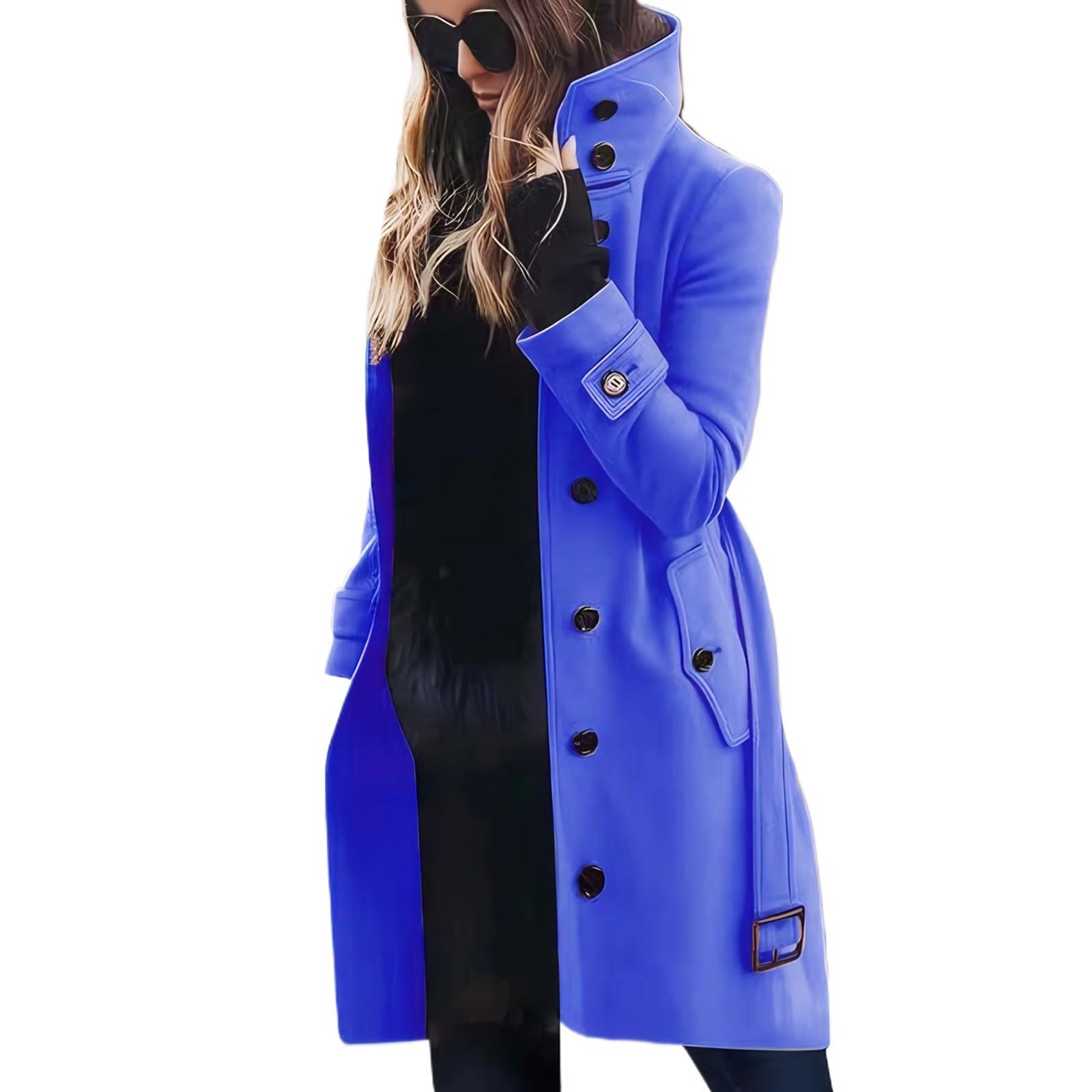 

Женская шерстяная куртка больших размеров с воротником-стойкой на пуговицах L синий