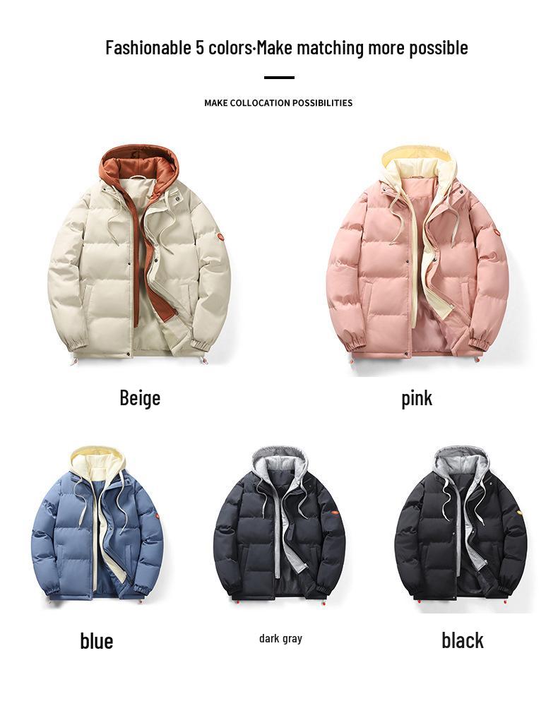 Men's Trendy Winter Cotton Jacket: Loose Fit, Hooded, Fake Two-Piece Design, Thickened for Warmth