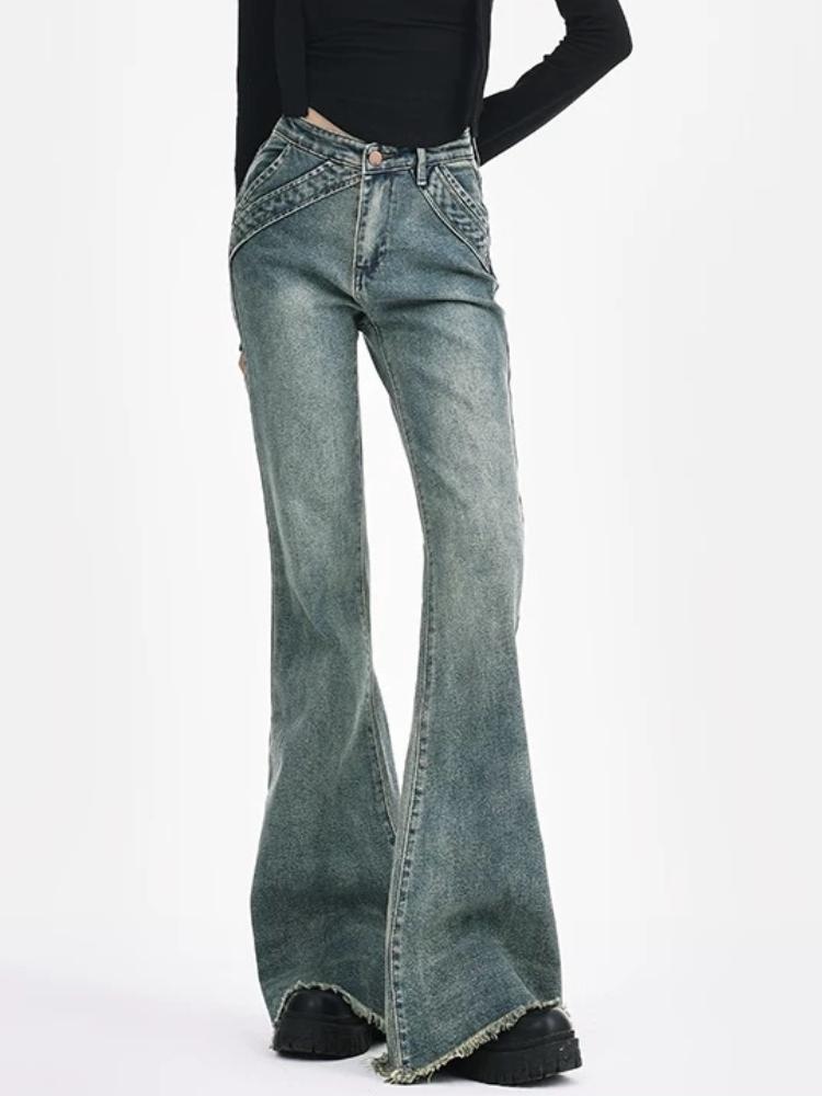 

90-е винтажный дизайн чувственность бахрома микро Y2k расклешенные джинсы женские корейская мода пикантные женские стройнящие брюки ретро длинные повседневные брюки уличная одежда M синий