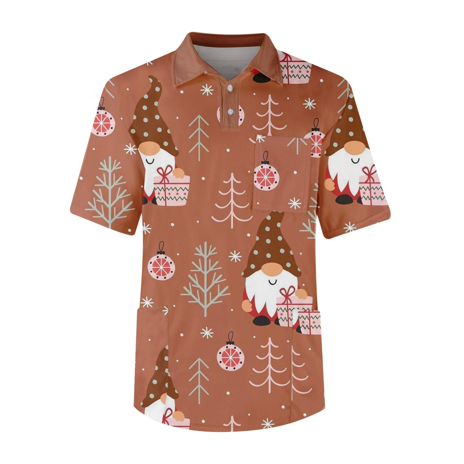 

Мужской топ с коротким рукавом, пуговицами, лацканами, рождественскими принтами, нагрудным карманом, Dry-nurse L верблюд