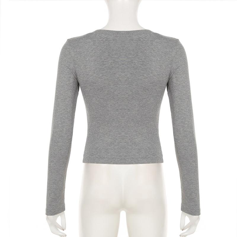 Women Plunging Neck Basic T-Shirt Autumn Solid Slim-fitting Full Sleeve Top Casual Versatile Simple  Shirt