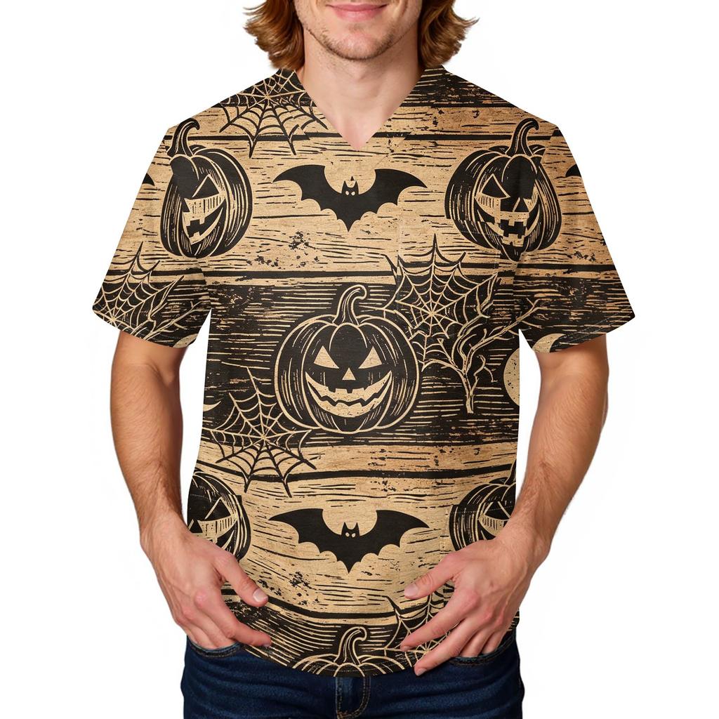 Herren Halloween Print Medizinische Kasack-Oberteil V-Ausschnitt mit Bindeband Taschen Bequeme Passform Tägliche Arbeitskleidung für medizinisches Fachpersonal