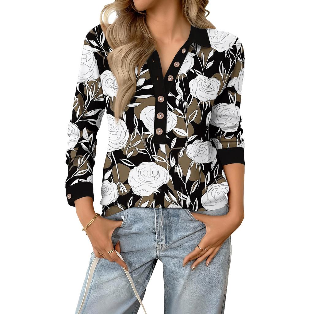 Women's Retro Street Lazy V,neck Long Sleeve Button Floral Print Pullover Top