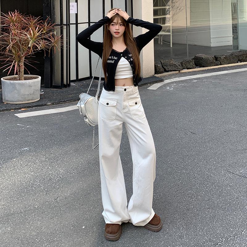 White High-Waisted Wide-Leg Jeans – Women's Autumn/Winter Slimming Loose Casual Workwear Pants