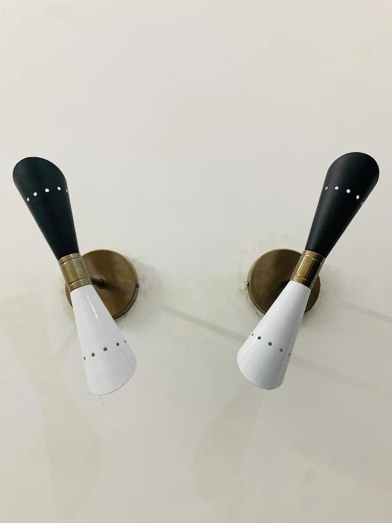 Mid Century Brass Wall Sconce Pair: Italian Diablo Bedside Lamps