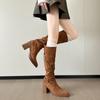 Cowhide Version Retro Pointed Thick Heel Boots Women's Cross Buckle High Heel Boots Slim Tall Thick-soled Knight Boots