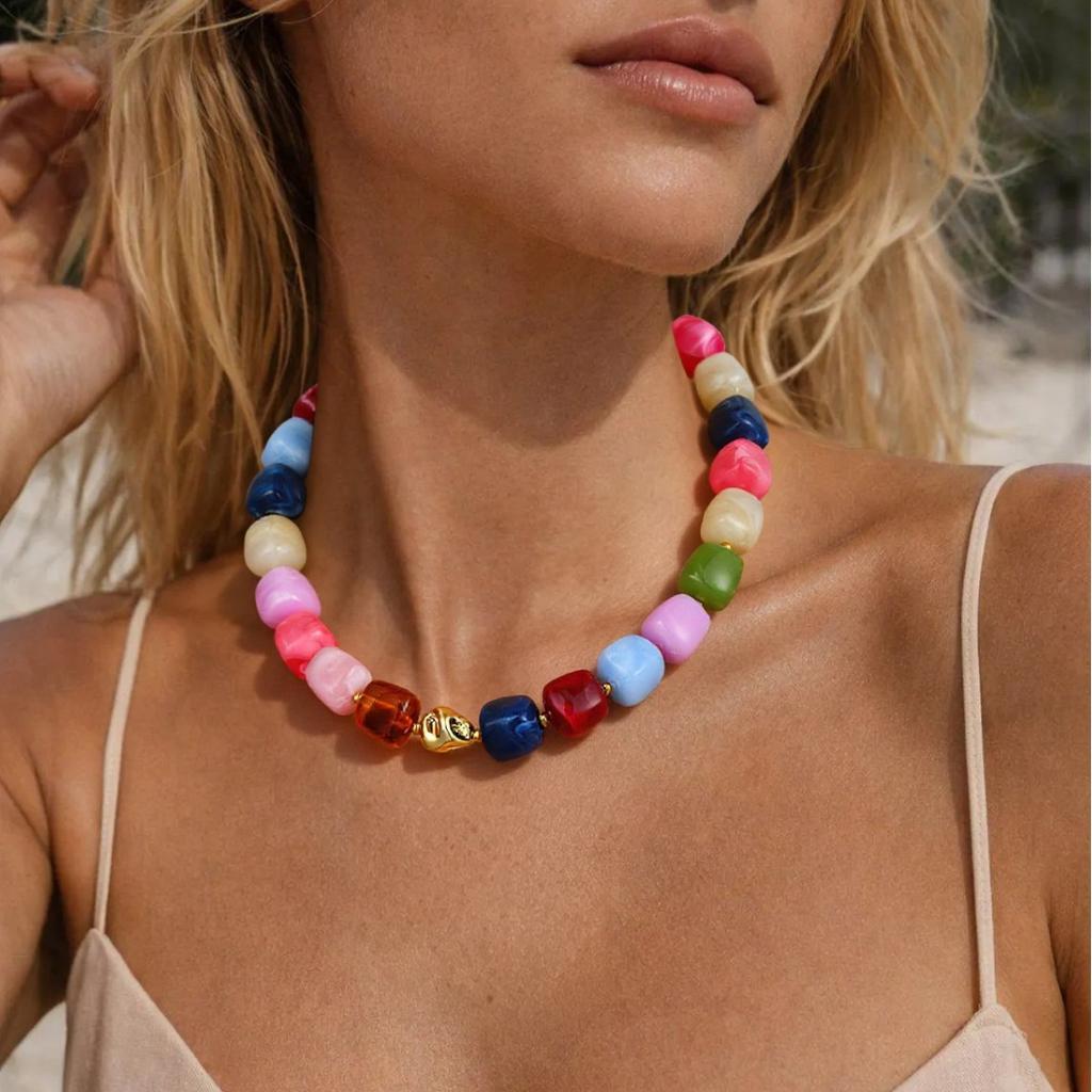 Minimalist Beaded Choker Necklace Women Summer Beach Acrylic Beads Necklaces Boho Statement Colorful Necklace