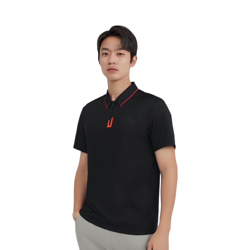 Anta Trainingsserie Einfarbiges Logo Atmungsaktiv Lässig Sport Poloshirt Herren Oberteile Schwarz 152437139-3