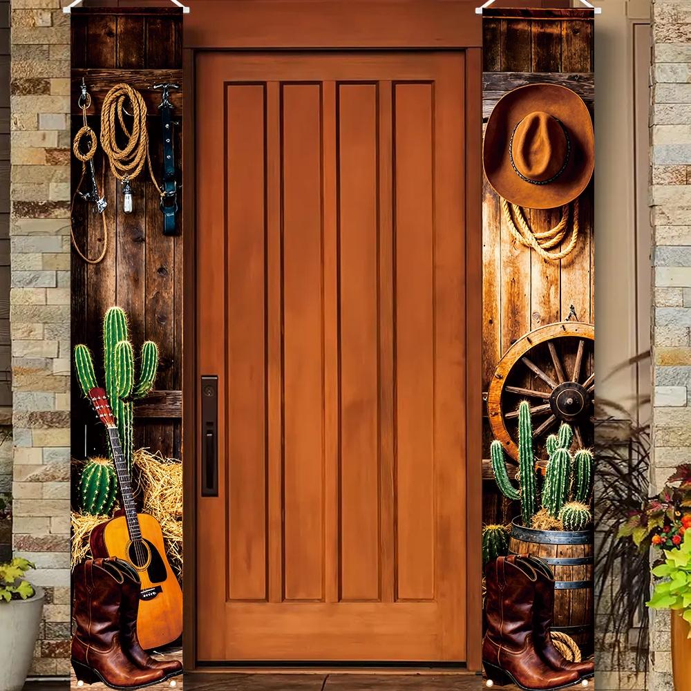 1 Pair Western Cowboy Porch Decor Flags - 179.83cm x 30.23cm Polyester Hanging Set, Rustic Yexi Style with Cowboy Hat, Boots & Cactus Design for Home,