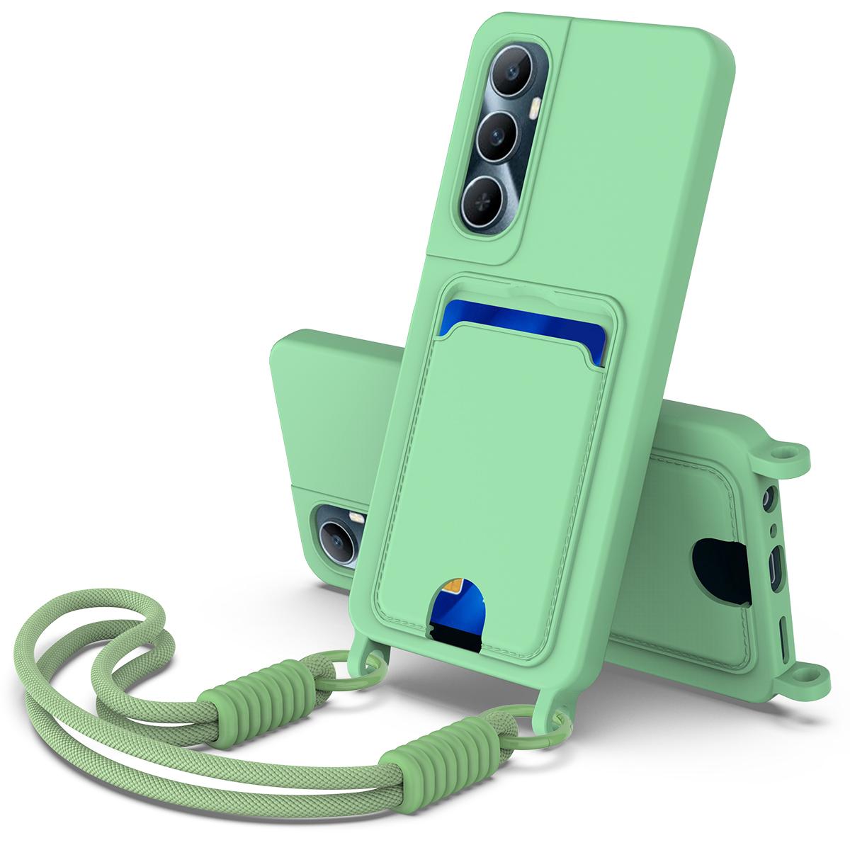 

For Realme C65 4G Case Liquid Silicone Card Holder Phone Back Cover with Short Strap Green