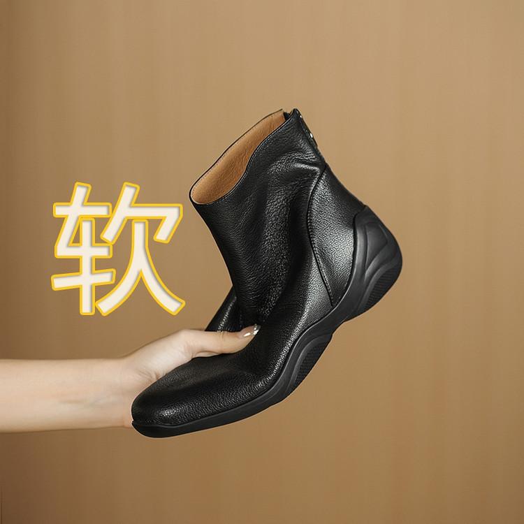 Soft leather wedge short boots 2025 autumn and winter velvet casual sports cigarette boots square head cowhide soft sole thin Martin boots