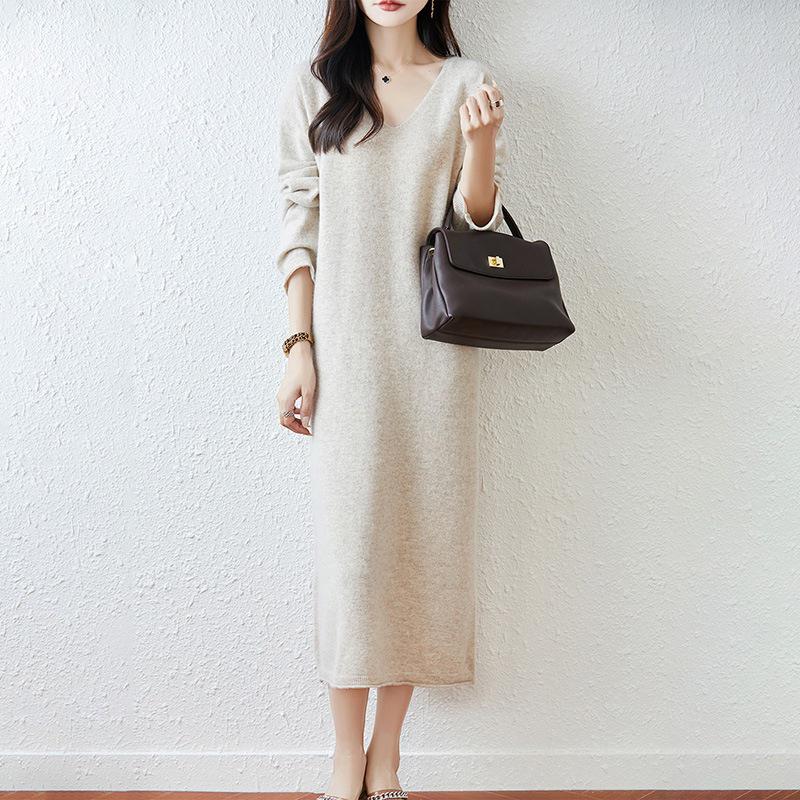 Women's V-Neck Pure Wool Knit Sweater Dress - Mid-Length, Loose Fit for Autumn & Winter