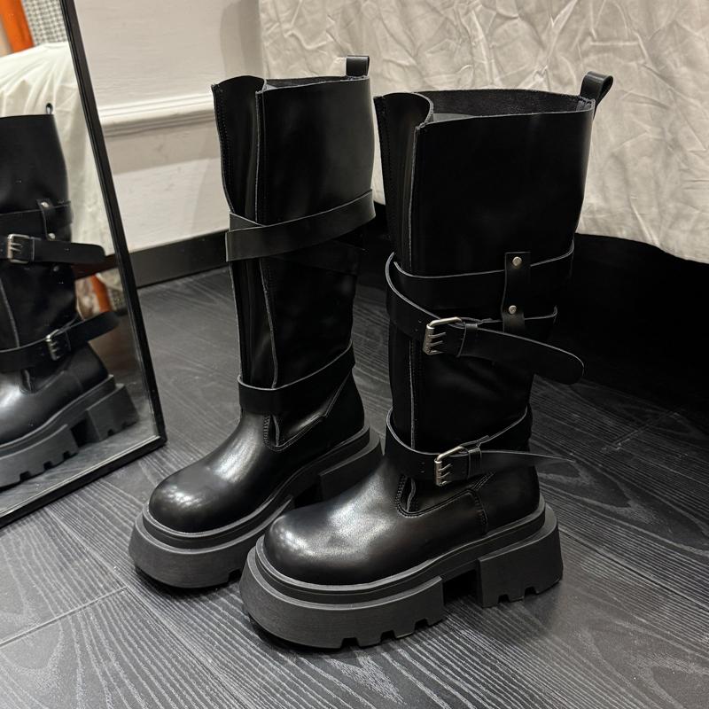Winter Fashion Platform Woman Knight High Boots Fashion Belt Buckle Thick Sole Shoes Ladies Modern Long Botas