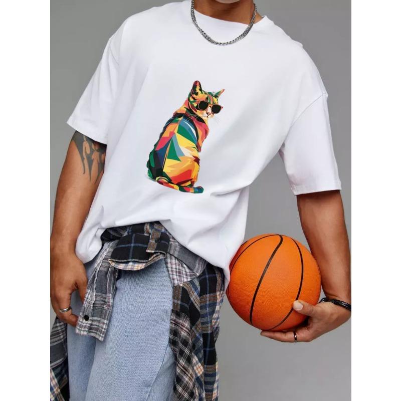 Crewneck T Shirt White Colorful Cat with Sunglasses Print Casual Wear for Men and Women