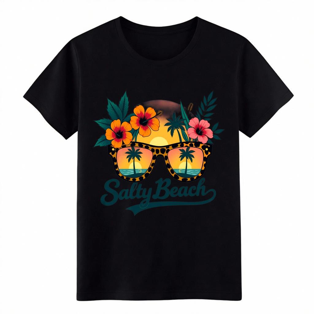 Unisex Salty Beach Tropical T-Shirt | Leopard Sunglasses Graphic Tee Multi-Color