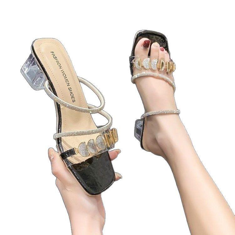 Thick Heel Cool Slippers Women's Summer Wear 2025 New French Rhinestone Middle Heel with Sandals Crystal High Heels