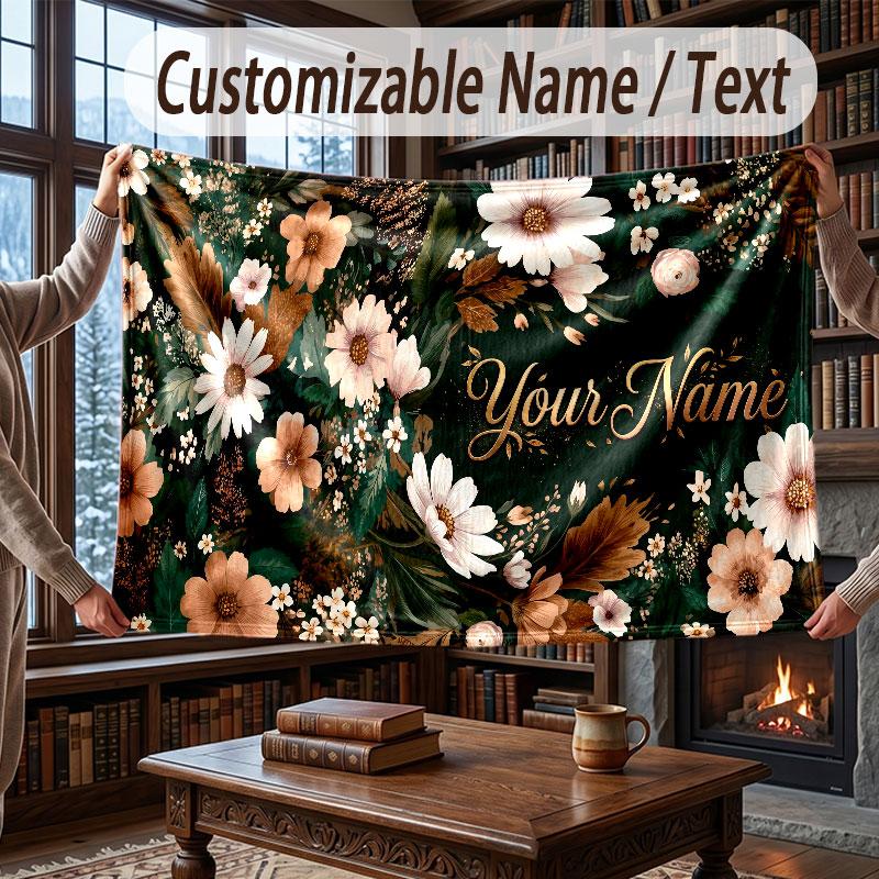 Floral Garden Theme Throw Blanket Custom Name Text Personalized Blanket Soft Cozy Blanket for Home Sofa Bed