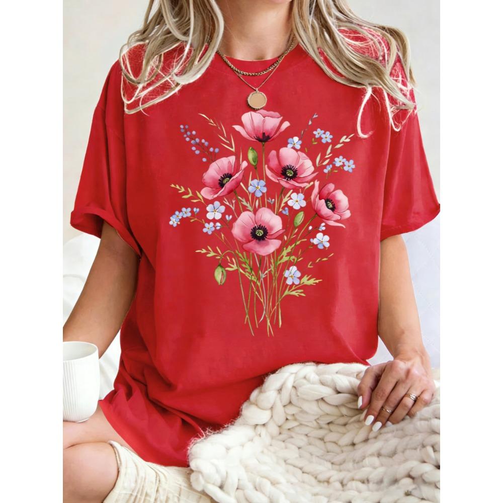 Beautiful Watercolor Flowers Print Womens T Shirt Cotton Oversize T-Shirts Summer Breathable Short Sleeves Sport Top
