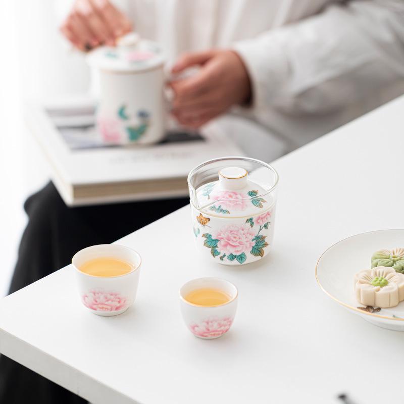 Mutton Fat Jade Ceramic Travel Tea Set - Large Covered Filter Cup Gift Box