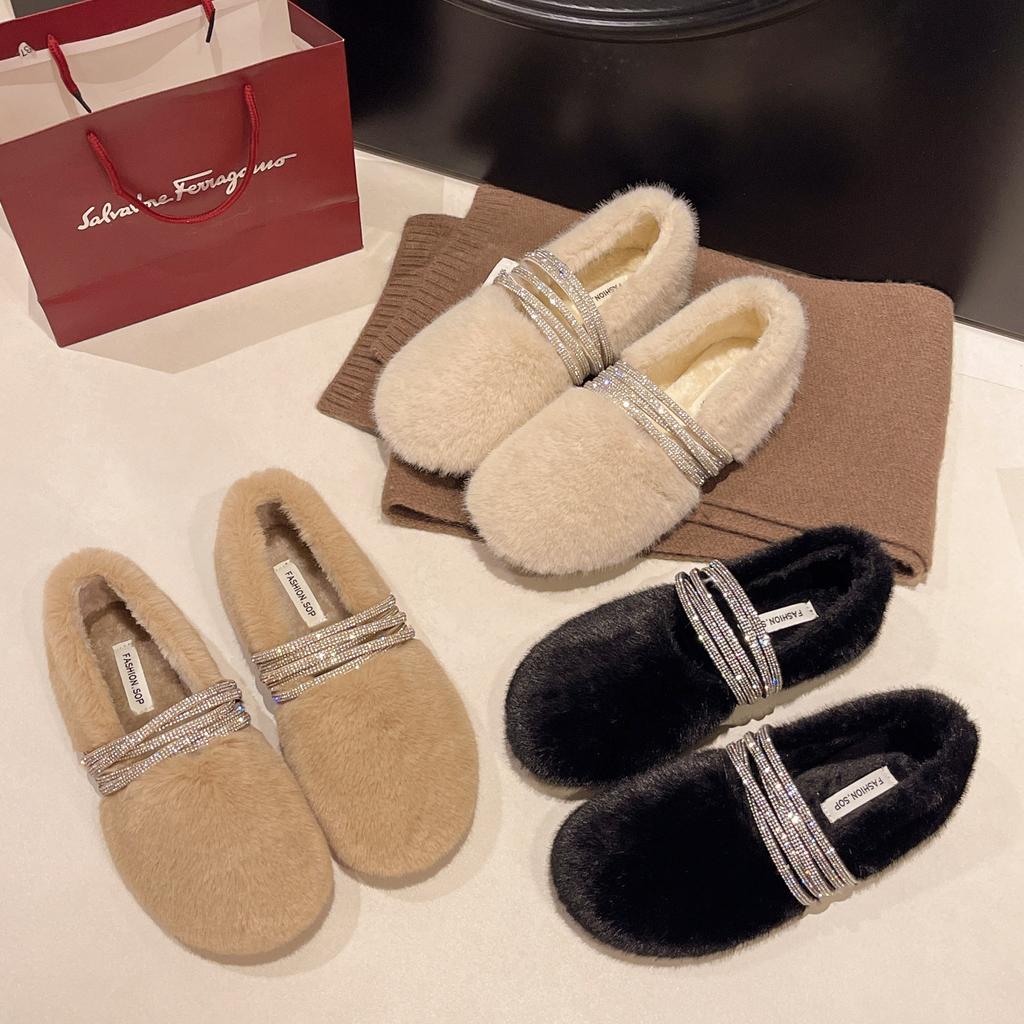 Fashion Retro Style Simple Rhinestone Word Mary Jane Shoes Women's 2025 Winter New Wear Light Mouth Wool Cotton Shoes
