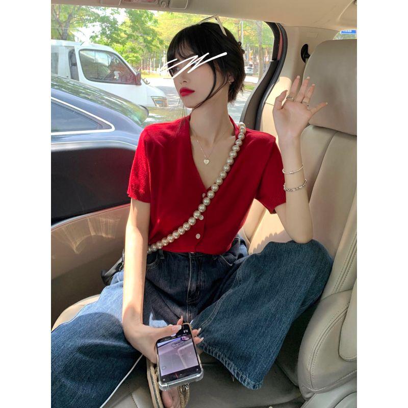 

Classic Style Red Ice Silk Knitted Cardigan Short Sleeve T-Shirt Women s Summer Unique Chic Beautiful Stylish V-neck Tops Red S Suggested 35.00 kg-45.00 kg