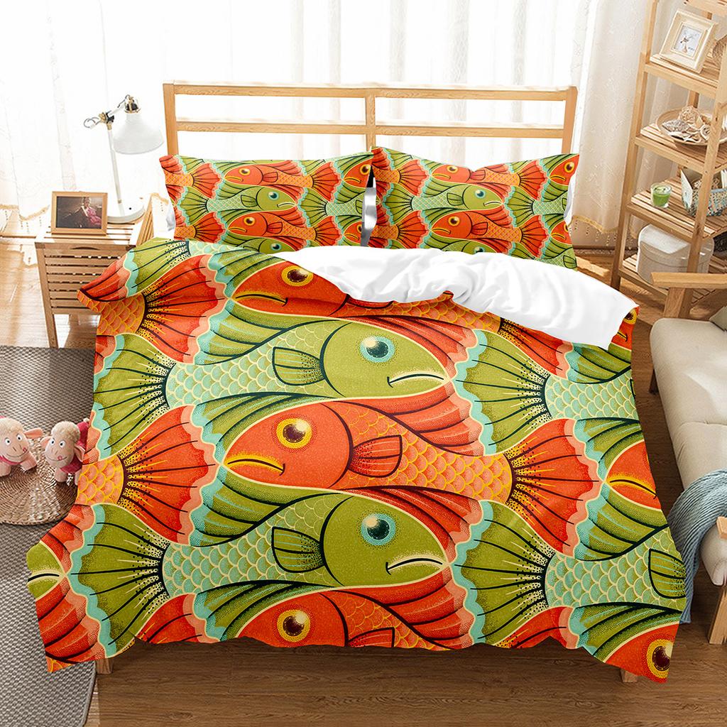 Fish Duvet Cover Set Koi Carp Pattern Polyester Comforter Cover King Queen Full Size for Kids Teens Bedding Set with Pillowcase