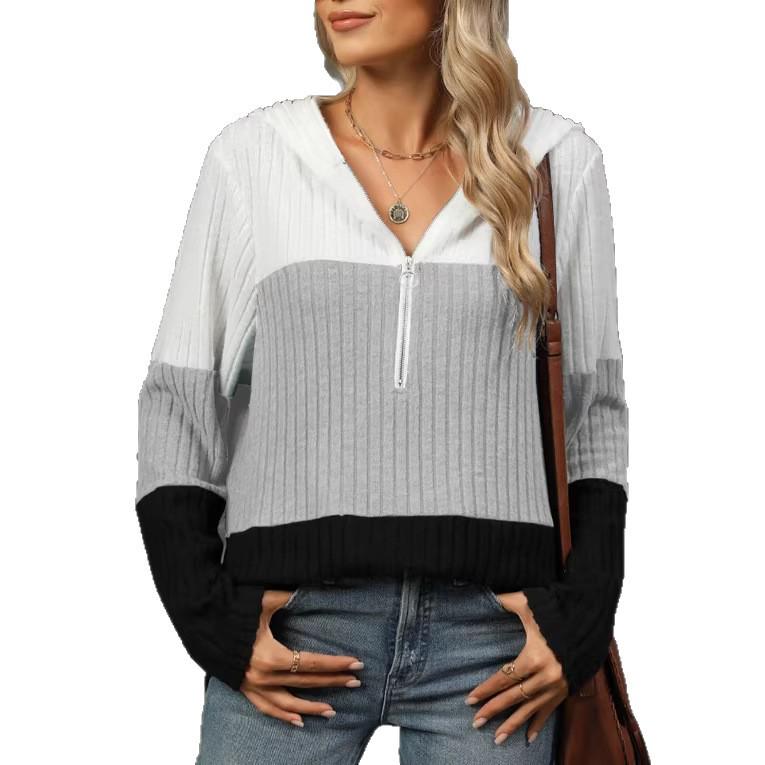 Plus Size Color Block Half Zip Drawstring Hooded Sweatshirt