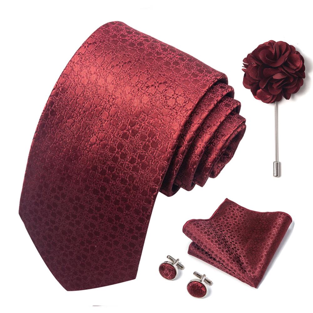 Brown Paisley Men's Tie, Pocket Square, Cufflinks & Boutonniere Set for Business Formal Wear.