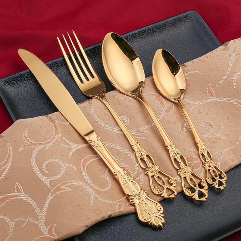 24pcs KuBac Luxury Golden Stainless Steel Steak Knife Fork Set Gold Cutlery Set With Luxury Wood Gift Box 16Pcs Drop Shipping