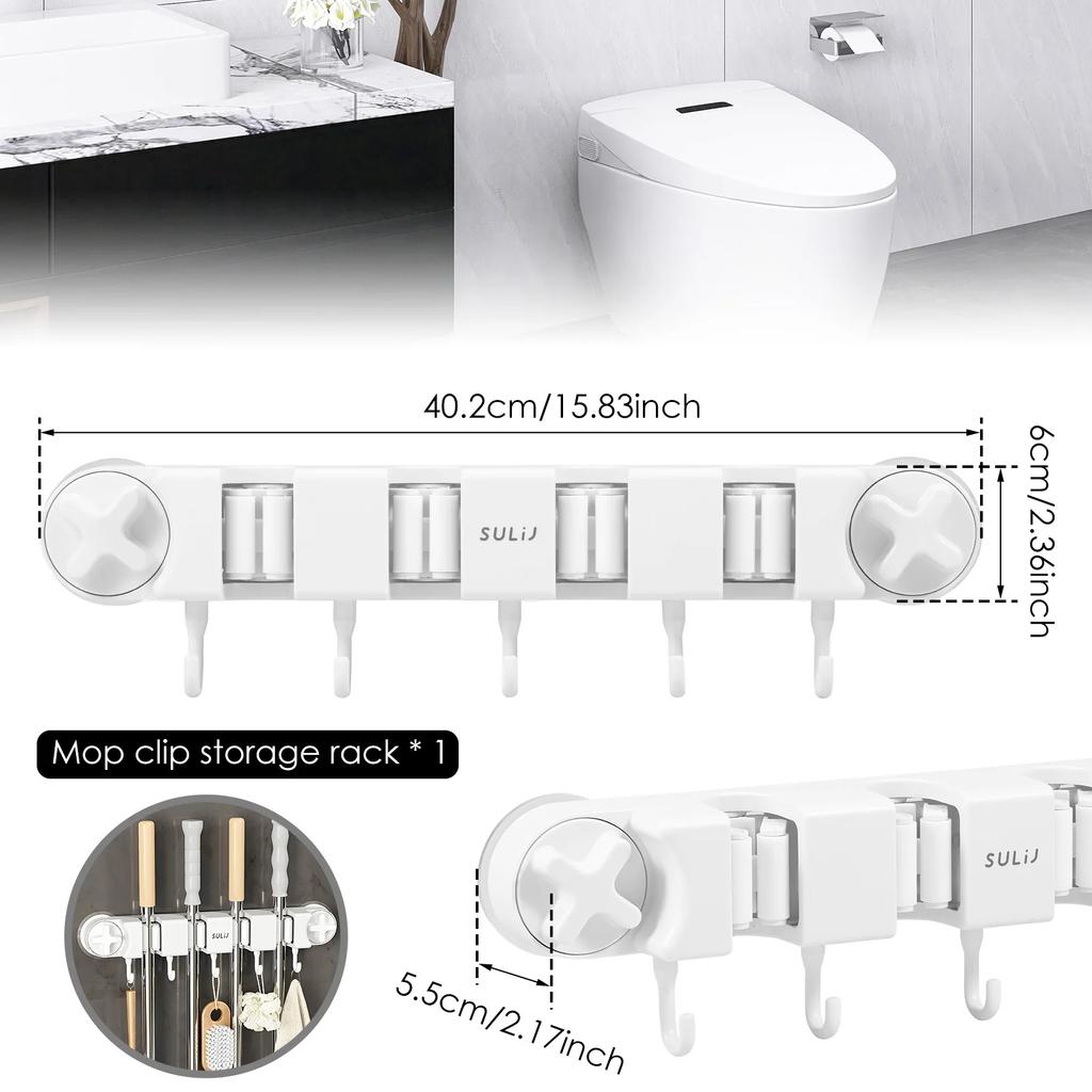 Broom Hook Holder Wall Mount Mop Organizer Vacuum Suction Cup Broom Hanger with 4 Racks and 5 Hooks Kitchen Bathroom Accessories
