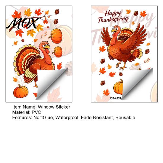 Removable Glass Art Decals Thanksgiving Static Window Clings, Cartoon Double Turkey Pumpkin Maple Leaf No?Glue Autumn Decals, Waterproof Stickers