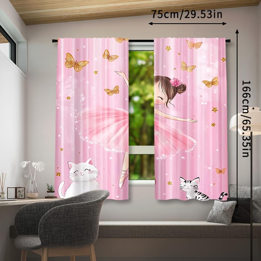 2PCS Digital Print Curtains, Cartoon Ballet Dancer Kitty, Cute Kids
