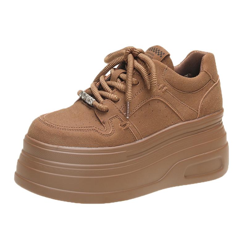 Mote 8CM Dame Lær Sneakers Høst Vår Brun Fritidssko Chunky Sneakers Høy Plattform Sport Skateboard Sko Kvinne