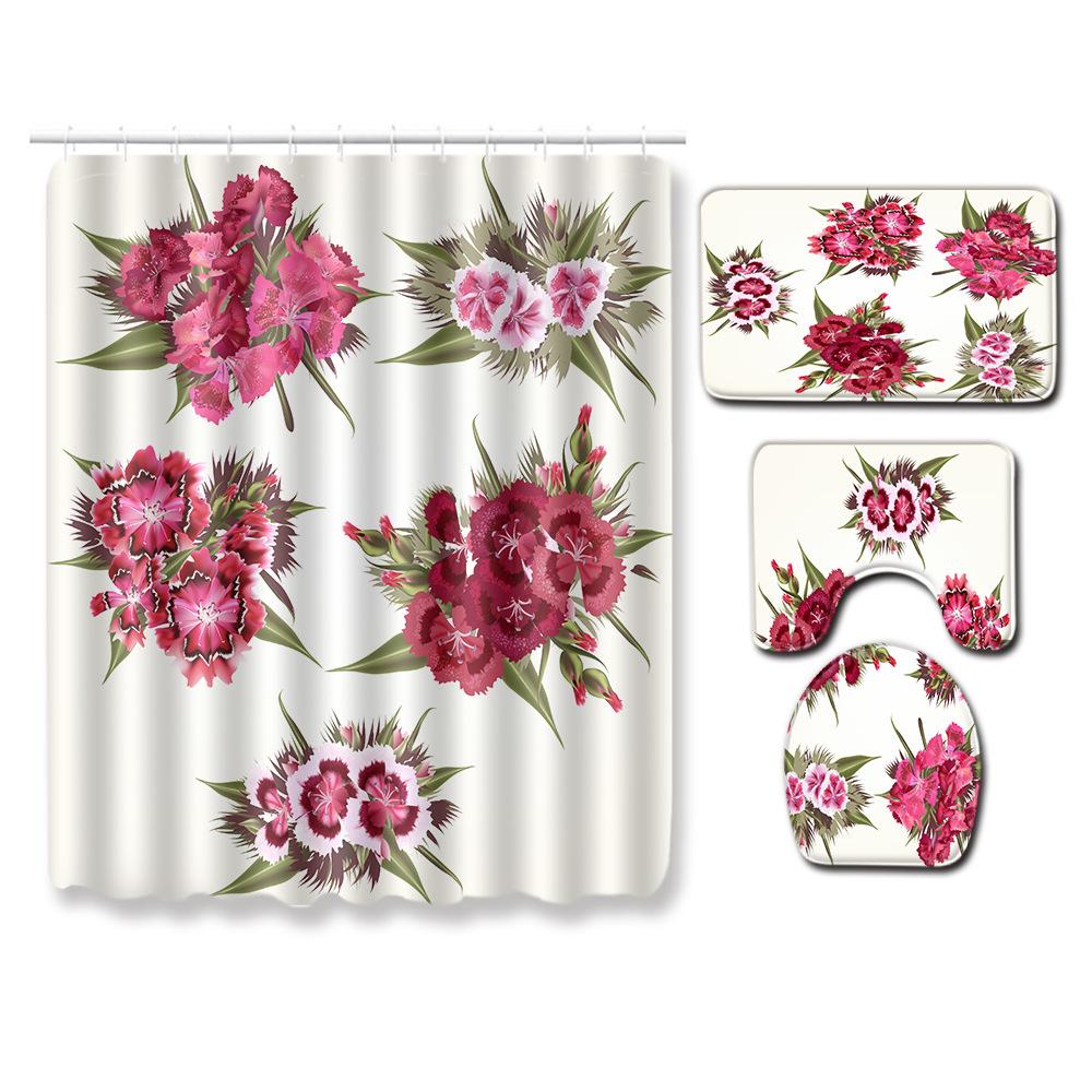 Painted Flowers Bathroom Shower Curtain Floor Mat Toilet Cover Foot Mat Four-Piece Pattern Size Fixed Zhi