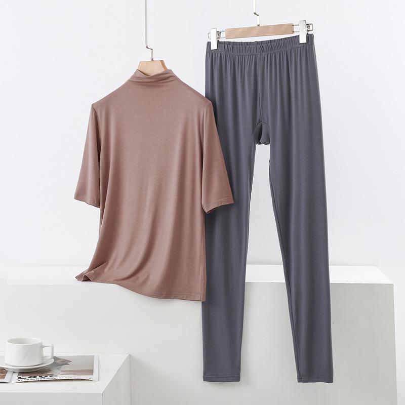 Spring/Summer Women's Half-High Neck 3/4 Sleeve Modal Lounge Set - Lightweight, Loose, Plus Size Casual Wear