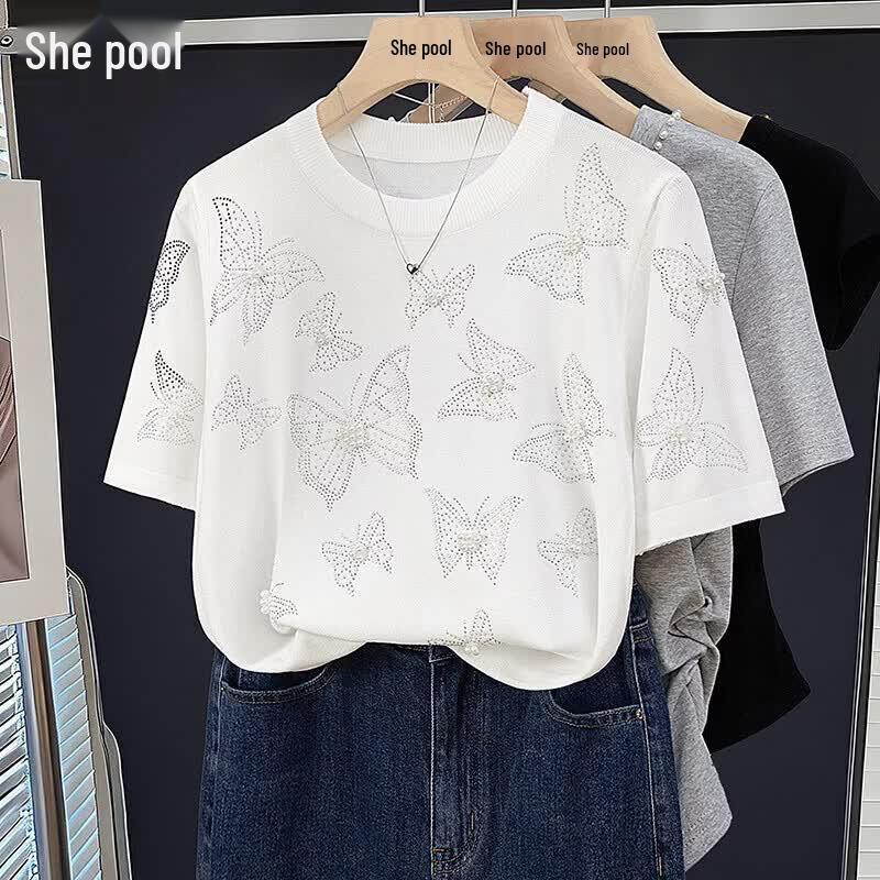 Women s Beaded Butterfly Ice Silk Short Sleeve T-Shirt One Size
