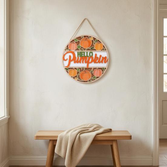 Maple Leaf Pumpkin Ornament Autumn Harvest Wooden Wreath Pendant, Front Door Hanging Ornaments with Hemp Rope, Natural Wood Seasonal Sign Pumpkins