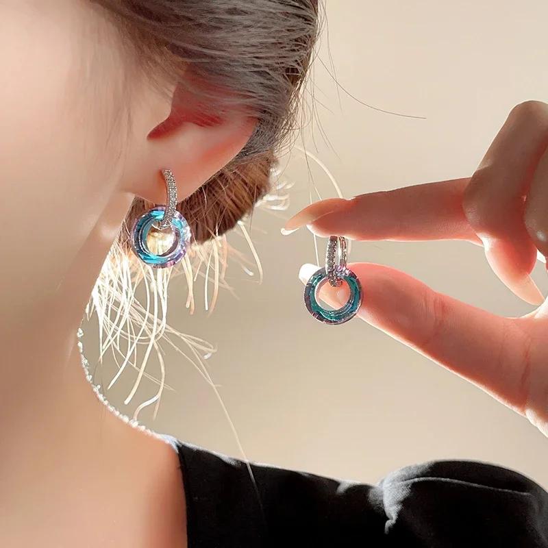 1 Pair Summer New Artificial Fantasy Crystal Circle Ring Buckle Pendant Earrings for Women's Luxury Jewelry Unusual Accessories